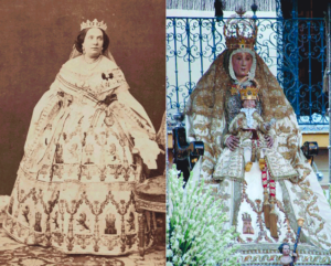 Isabel II, en 1860 y la Virgen de los Reyes, con el Manto de los Castillos y Leones